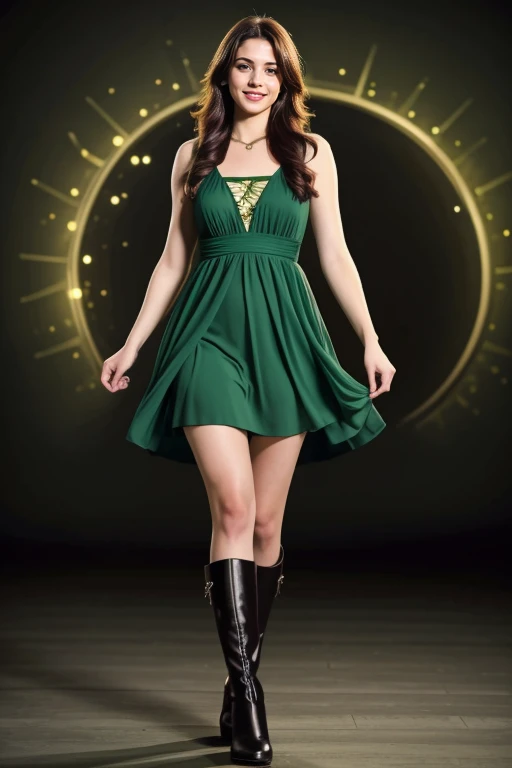 ((Masterpiece, best quality, cinematic lighting, 8k, full body shot, long hair, hour glass body)), (smile:0.85), (realistic background)
<lora:B2_Short_Dress_By_Stable_Yogi:1> green dress, boots