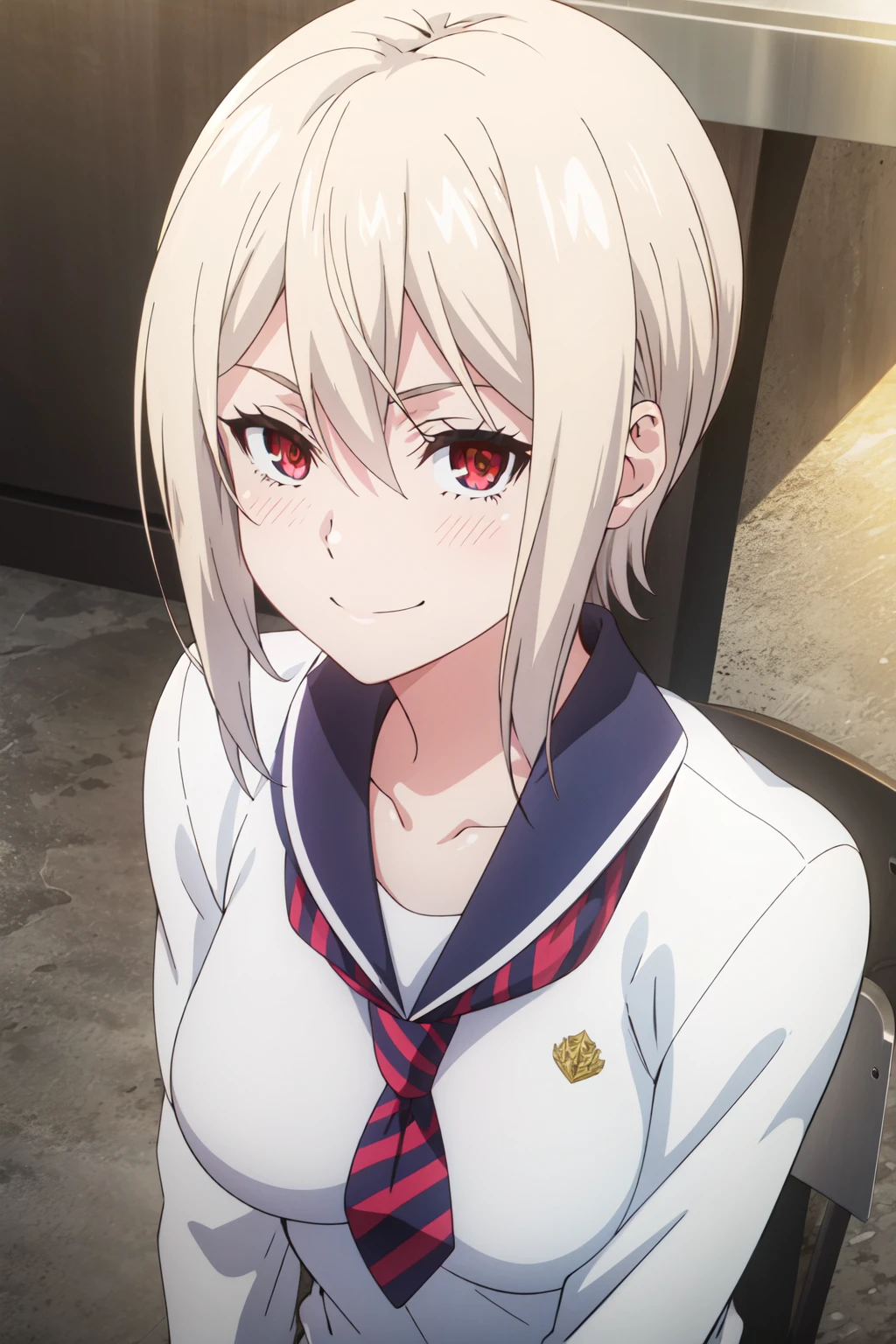 <lora:anime_screencap_v2:0.3> tall body, tall, long legs, mature female, mature, adult, <lora:GoodHands-beta2:1.4>,
<lora:eft_foodwars_alice-02:1> EFT_Foodwars_Alice, 1girl, solo, necktie, short hair, red eyes, school uniform, striped necktie, upper body, shirt, red necktie, sweater, striped, white hair