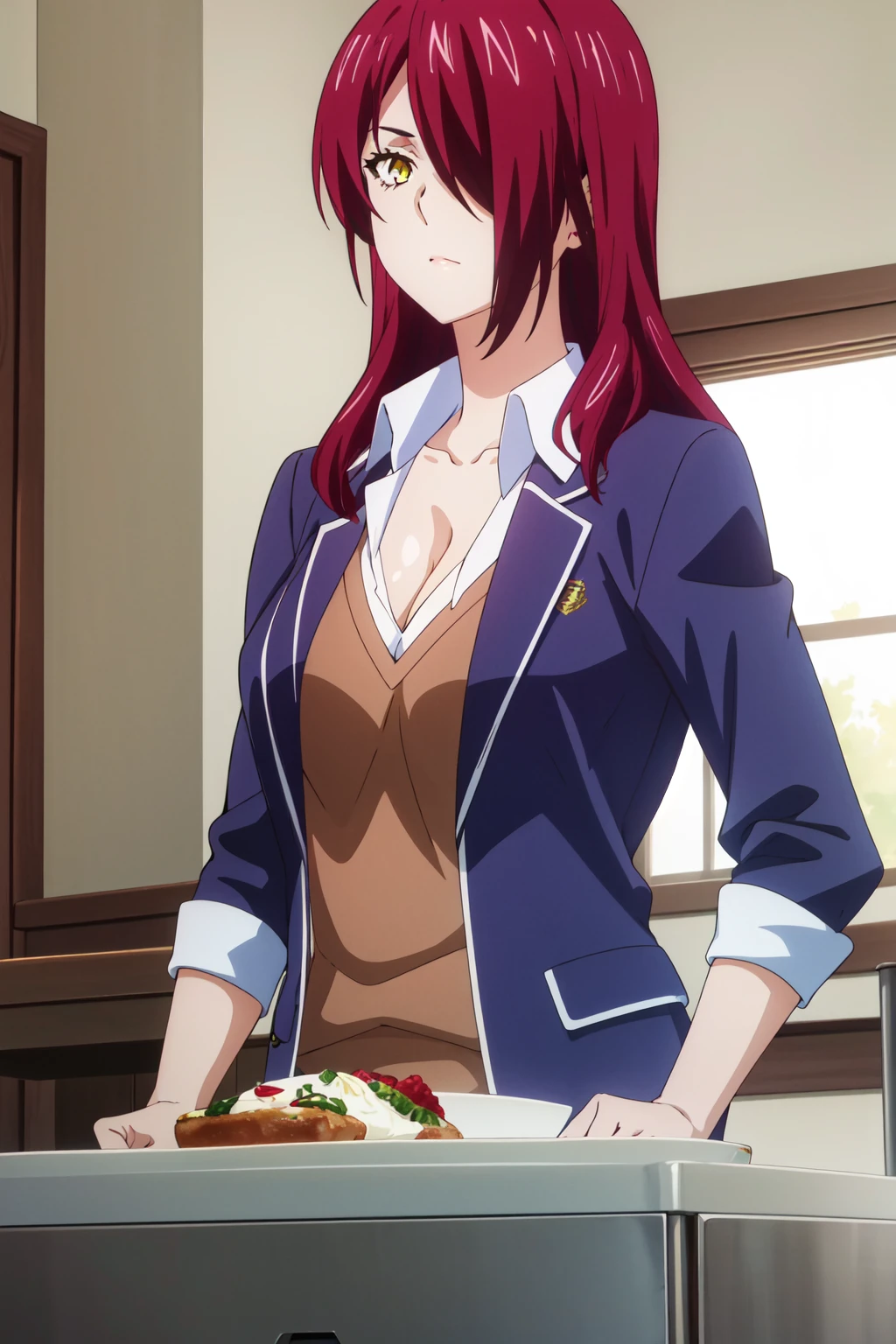 <lora:anime_screencap_v2:0.3> tall body, tall, long legs, mature female, mature, adult, <lora:GoodHands-beta2:1.4>,
<lora:eft_foodwars_rindo-02:0.8> EFT_Foodwars_Rindo, 1girl, solo, hair over one eye, breasts, cleavage, red hair, school uniform, yellow eyes, long hair, jacket, blazer, upper body, large breasts, shirt, open clothes, collarbone, medium breasts