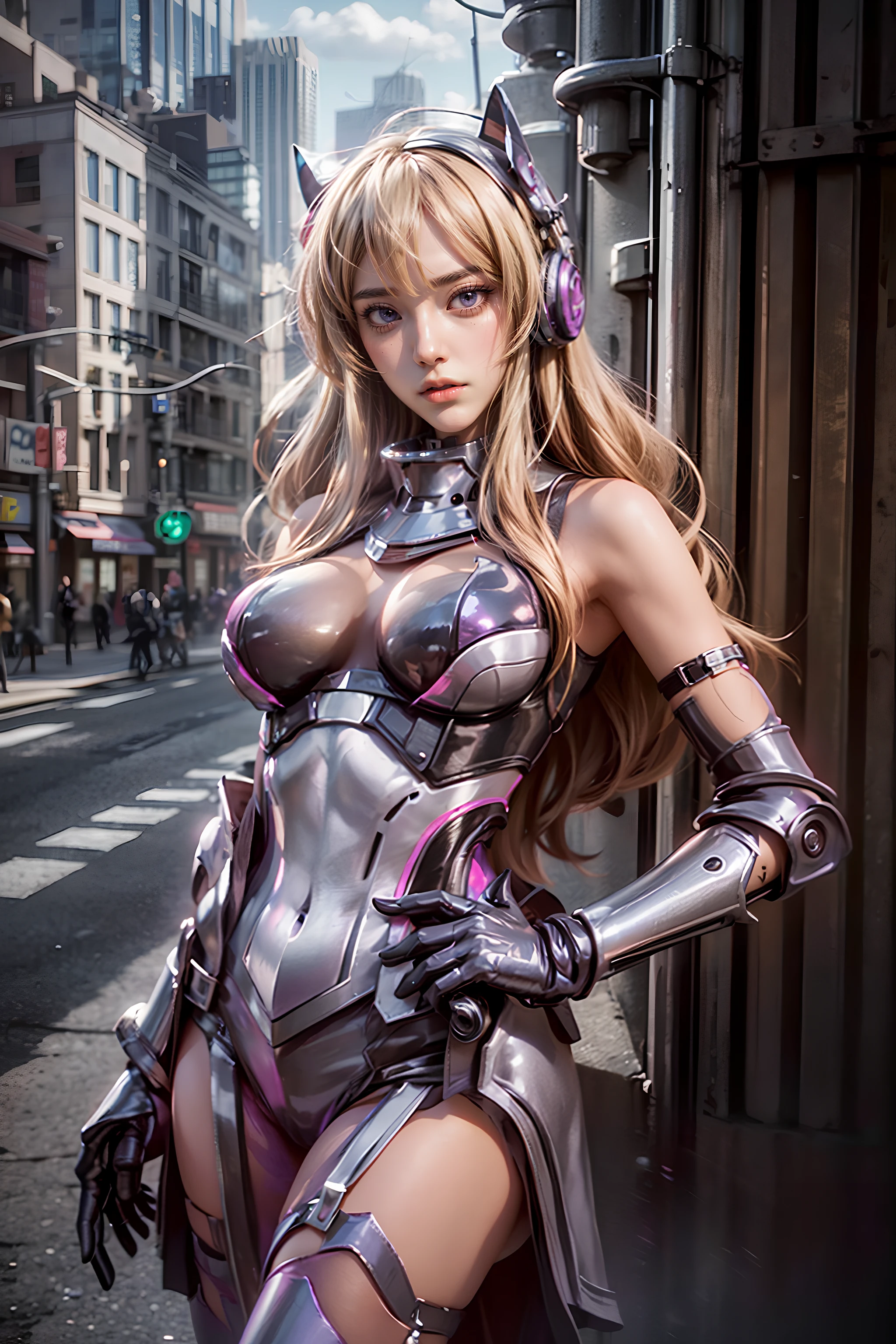 lauriel_apw, 1girl, solo, long hair, breasts, looking at viewer, blonde hair, simple background, thighhighs, gloves, bare shoulders, breasts, large breasts, standing, purple eyes, elbow gloves, armor, bodysuit, headgear, headphones, gauntlets, boots, high heels, armored boots, pink eyes, neon trim, hair between eyes, closed mouth, dress, thighhighs, black thighhighs, see-through, bangs, platform footwear, breastplate, realistic, eyelashes, pelvic curtain, outdoors, sky, building, scenery, city, ruins, lamppost, (masterpiece),((ultra-detailed)), (highly detailed CG illustration),(expressionless), (best quality:1.2), <lora:add_detail:1>, (Realistic:2)