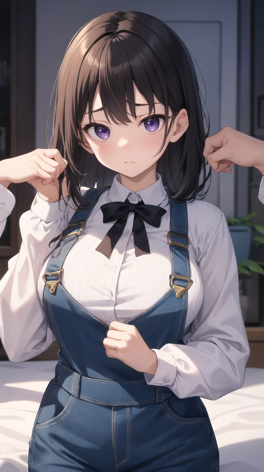 masterpiece, best quality, highres, BREAK,
, narrow waist, tender large breasts, , fantasy abbey daytime, , brown, follow shot, , , hands up, , young girl,(looking at viewer:1.1), white skin, beautiful, cream, dark purple, tareme, , irritated face, ,
BREAK
,long-sleeved shirt blue dungarees