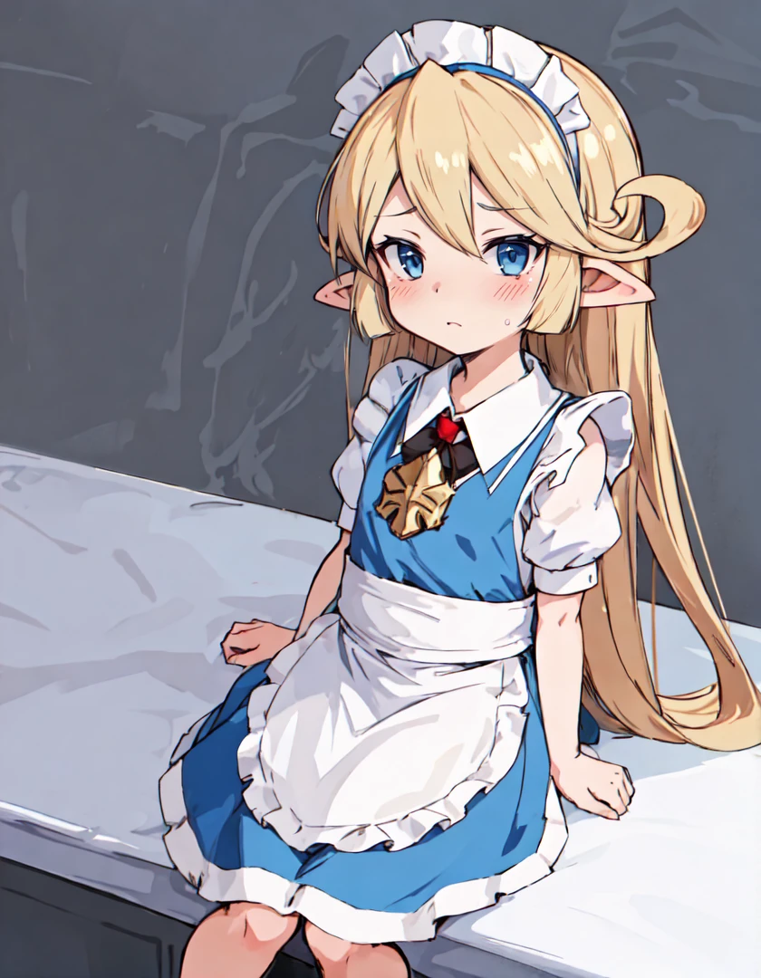 masterpiece, best quality, absurdres, charlotta, 1girl, solo, blush, flat chest,
maid, maid headdress, maid apron,
slouching,
simple background,
