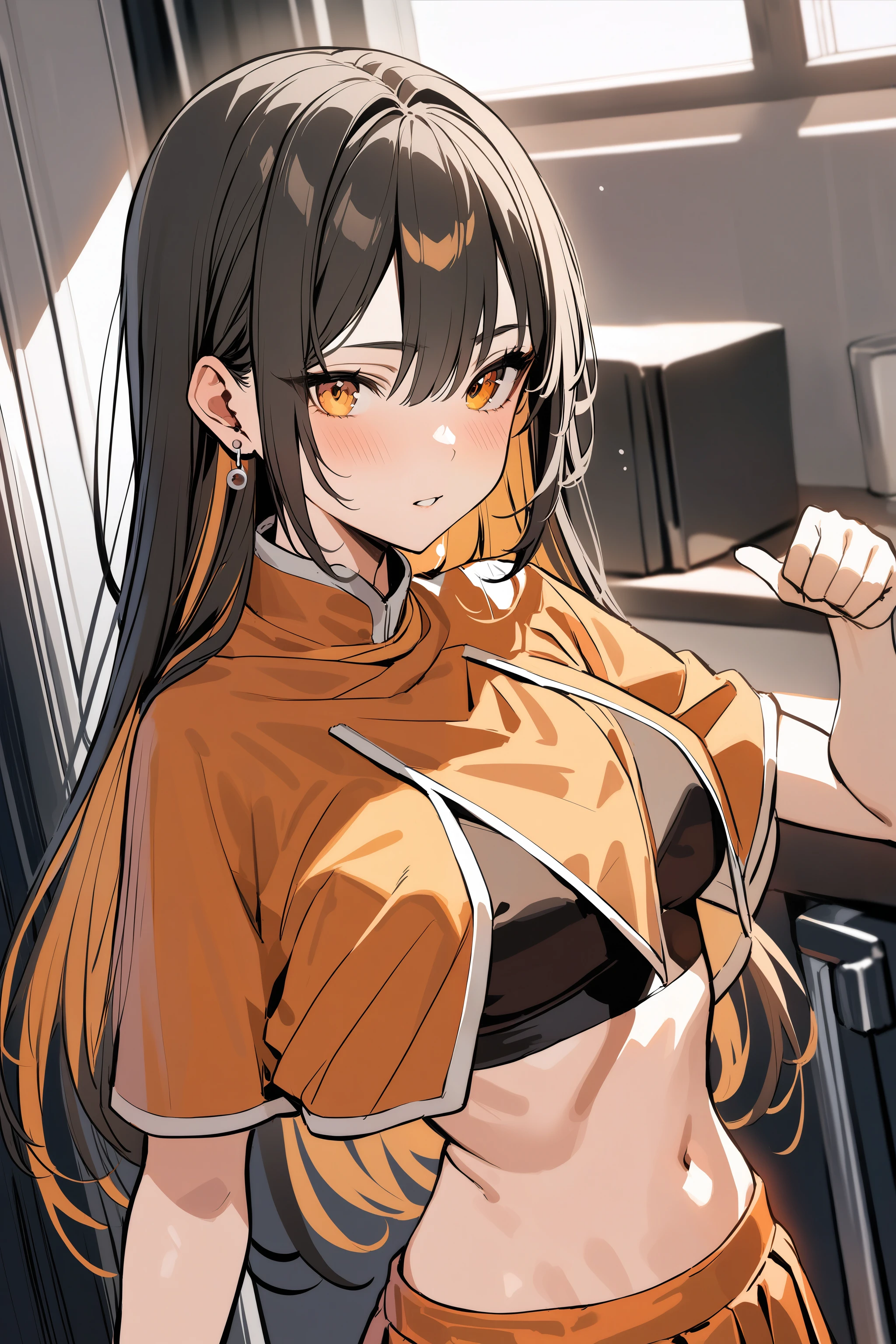 masterpiece, best quality, highres booru, 1girl, solo, monerochan, black hair, colored inner hair, orange skirt, orange capelet, dark crop top, sleeves, midriff, orange eyes, round stud earrings, upper body, <lora:monerochan_xl_2_2:1.0>