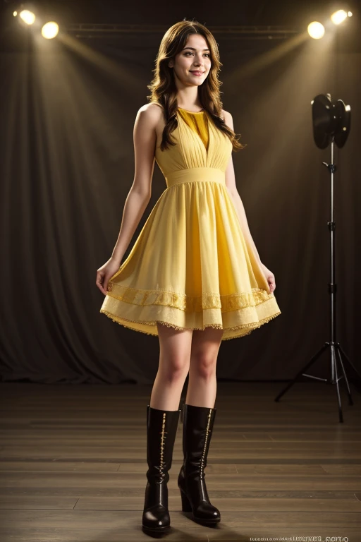 ((Masterpiece, best quality, cinematic lighting, 8k, full body shot, long hair, hour glass body)), (smile:0.85), (realistic background)
<lora:B2_Short_Dress_By_Stable_Yogi:1> yellow dress, boots