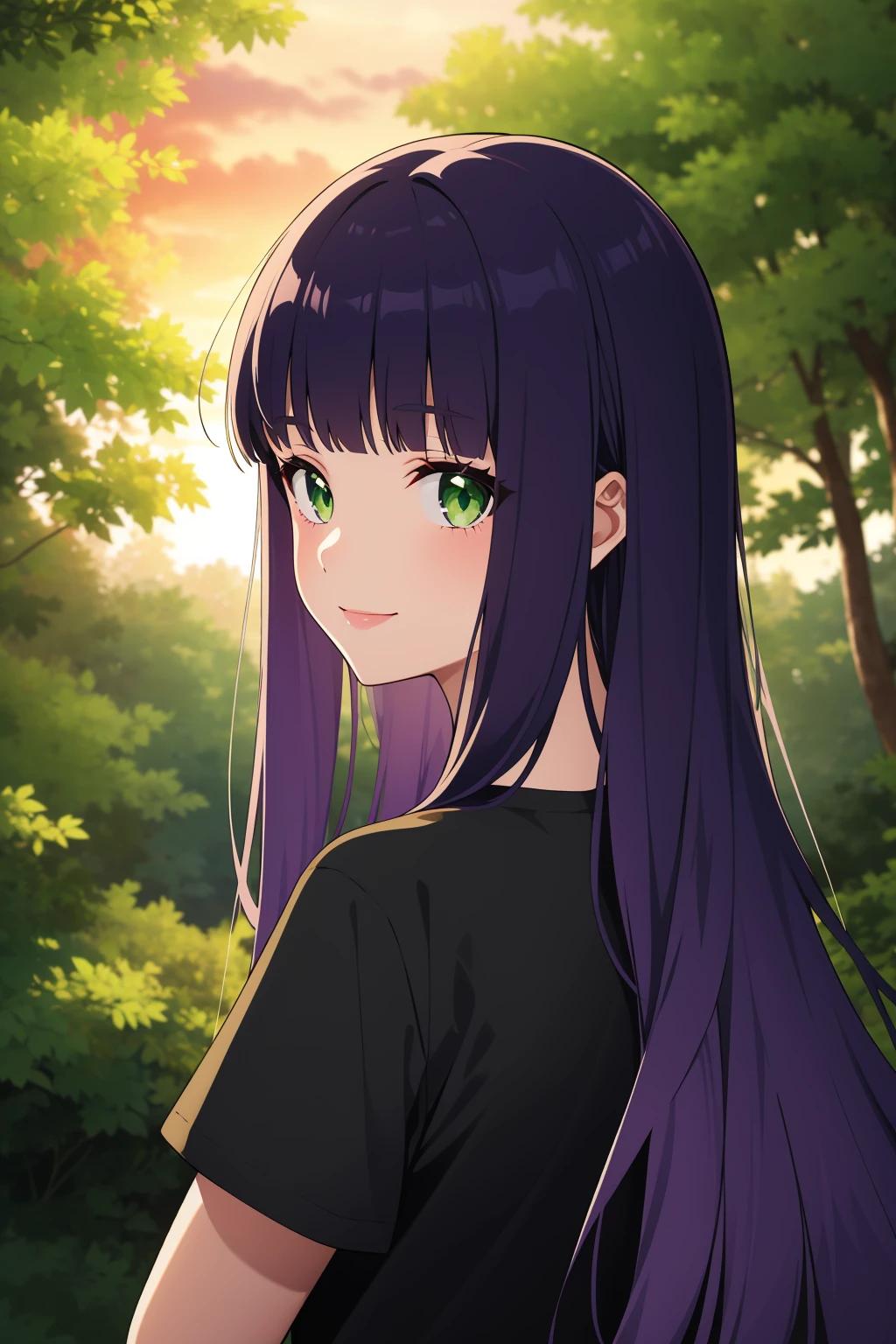 1girl, solo,
long hair, wavy hair, blunt bangs, purple hair, green eyes, medium breasts, black t-shirt, light smile,
forest, sunset, portrait, from behind, looking at viewer,
masterpiece, best quality,