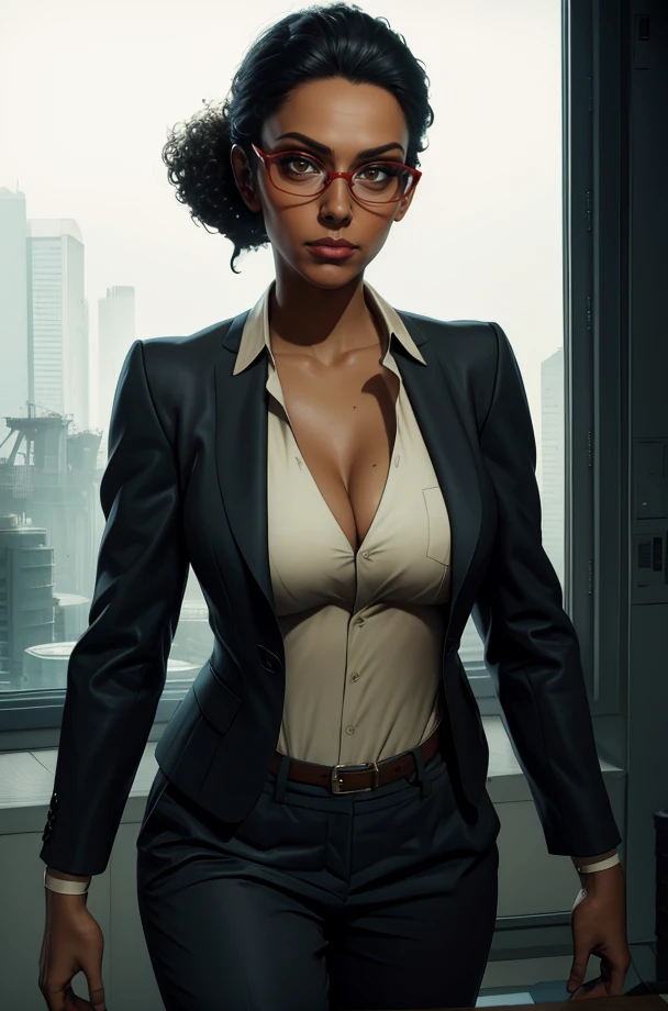 Ingrid,black hair,brown eyes,short hair,curly hair,short ponytail,
red glasses,looking at viewer,cleavage,
dress pants,long sleeves,suit,white shirt,
science fiction,dim lighting,tech,standing,
(insanely detailed, masterpiece, best quality),<lora:IngridHunnigan:0.8>,
