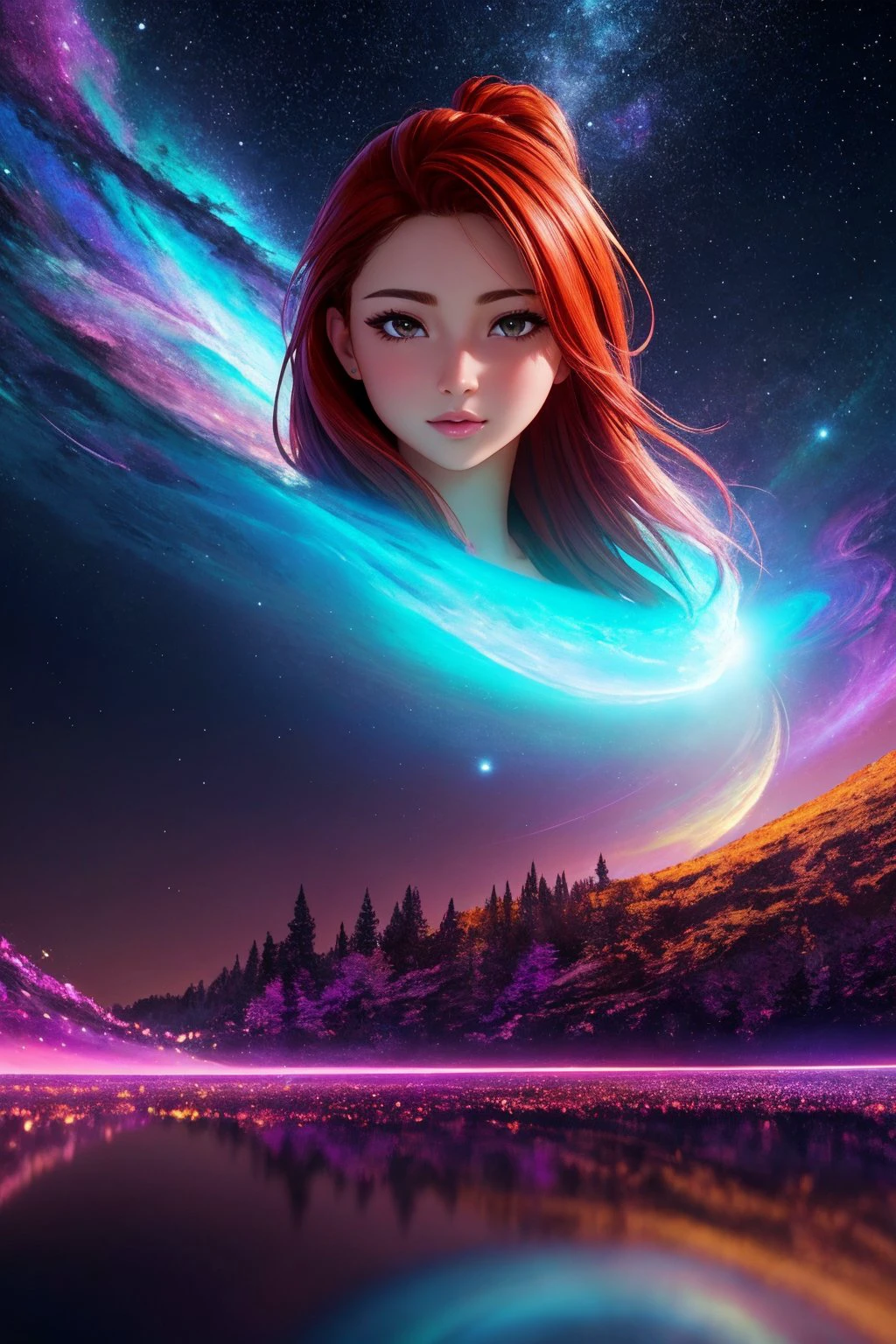 eurasian woman 25yo, Ginger head, lies, Fear, melting into a magical puddle of stars, vibrant colors, highly detailed, digital painting, Style-Gravitymagic, artstation, concept art, smooth, sharp focus, illustration, Unreal Engine 5, 8K,, (masterpiece), (realistic), 8k, RAW photo, very wide shot, octane render, unreal engine, volumetrics dtx, (film grain, bokeh, blurry foreground)