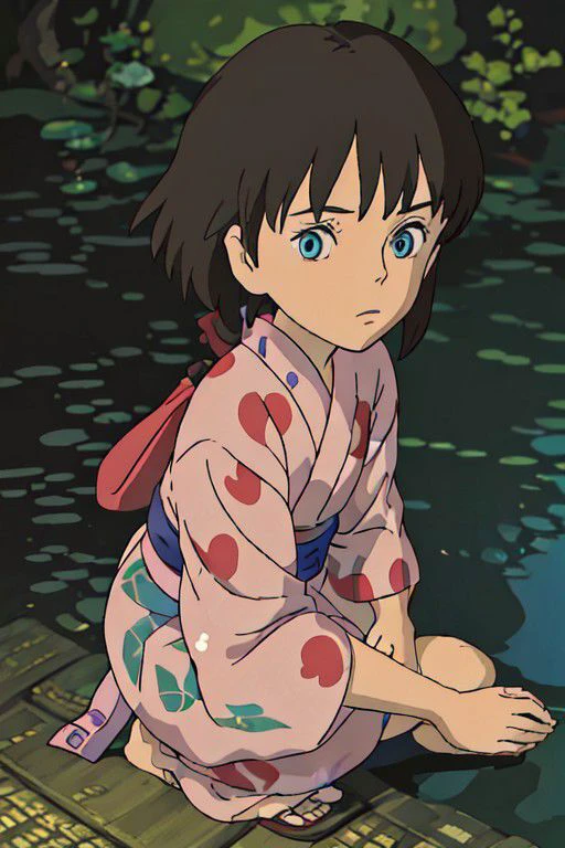 annasasaki, brown hair, blue eyes, ghibli, yukata