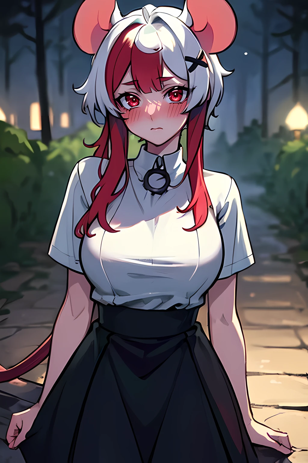 masterpiece, best quality, very detailed illustrations, <lora:Mausi-15:0.5>, photo portrait, 1girl, solo, hair ornament, mouse ears, mouse tail, white and red hair, red eyes,  looking at viewer, blush, shirt, skirt, posing, night, forest, moon