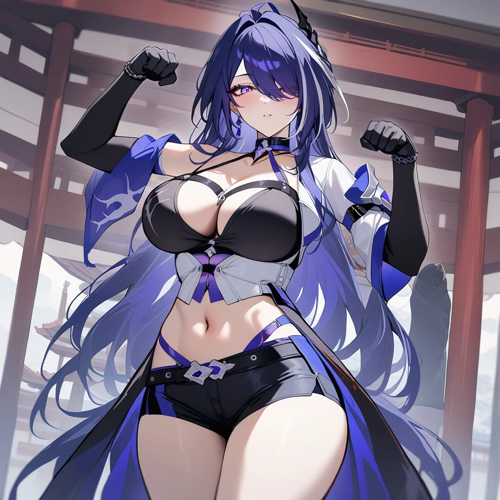1girl, solo, acheron, outfit, newest, looking at viewer, paw pose, east asian architecture, masterpiece, best quality  <lora:Acheron-000021:0.9>