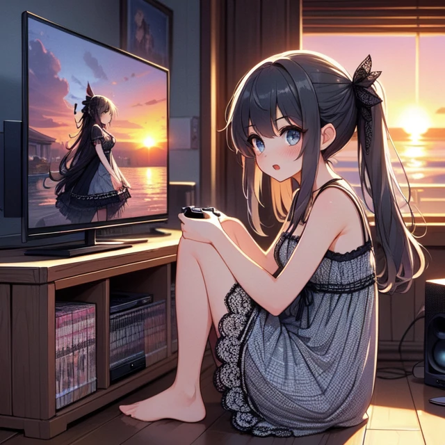 (((masterpiece))), (((best quality))), (((from side))), (((playing videogame))), ((RPG game interface on TV)), manga bookcase, playstation, solo, 1girl, sitting on floor, cleavage, big tits, ribbon, black longhair, ((gray lace dress)), love, open mouth, shy, blush, petite figure proportion, wooden floor, CD, dolls, table, poster, bare feet, ((window)), (((sunset view))), <lora:girllikevideogame:1>