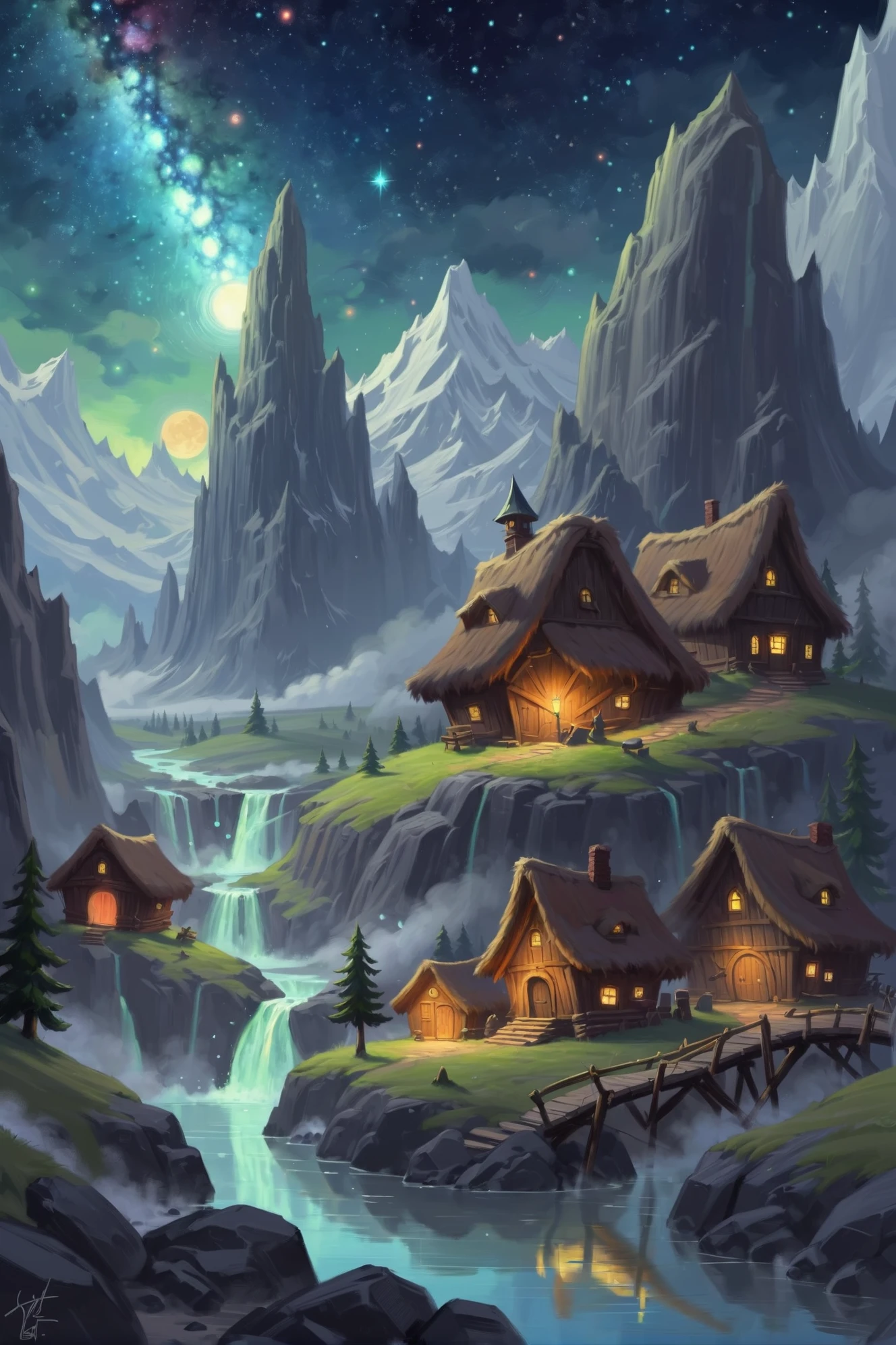 digital painting, cozy fantasy village at the beginning of the universe<lora:EnvyPicturesqueXL01:1>