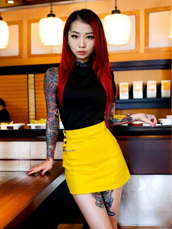<lora:V4lSt33l3_v1:1>, slim asian girl in work outfit at sushi restaurant, multicolored yellow hair, piercings, tattoos