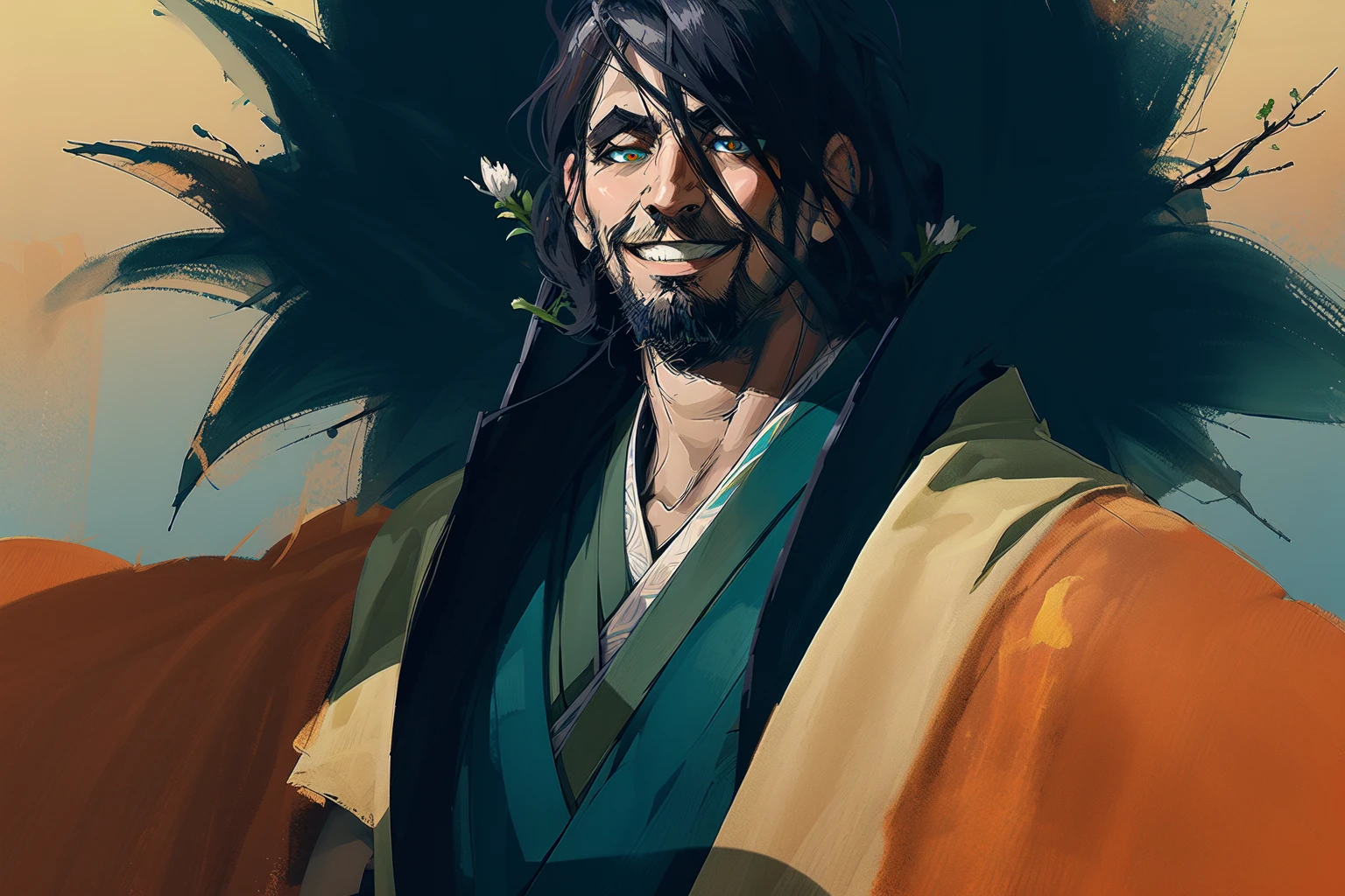 1 middle-aged man, scenery, (smile, raised eyebrows:1.3), torii, portrait, katana, (kimono, samurai, spider lily, manjusaka:1.1), blooming flowers, dappled sunlight, melancholic, sweatdrop, steam, BREAK best quality, muscular male, masterpiece, black hair, arm hair, hairy chest, multicolored eyes, blue theme, oil painting \(medium\), tkstyle <lora:tkstyle_2-anime:1.2>