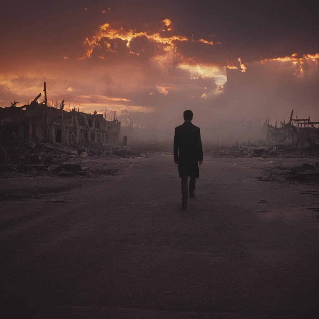 cinematic film still of <lora:volumetric lighting:1> volumetric lighting style
a man walking through a dystopian destroyed wrecked city with a red orange hell fire sunset sky above,solo,1boy,standing,male focus,outdoors,sky,cloud,from behind,cloudy sky,building,scenery,sunset,city,cityscape , volumetric lighting, haze light, fog light, beam light, shallow depth of field, vignette, highly detailed, high budget, bokeh, cinemascope, moody, epic, gorgeous, film grain, grainy