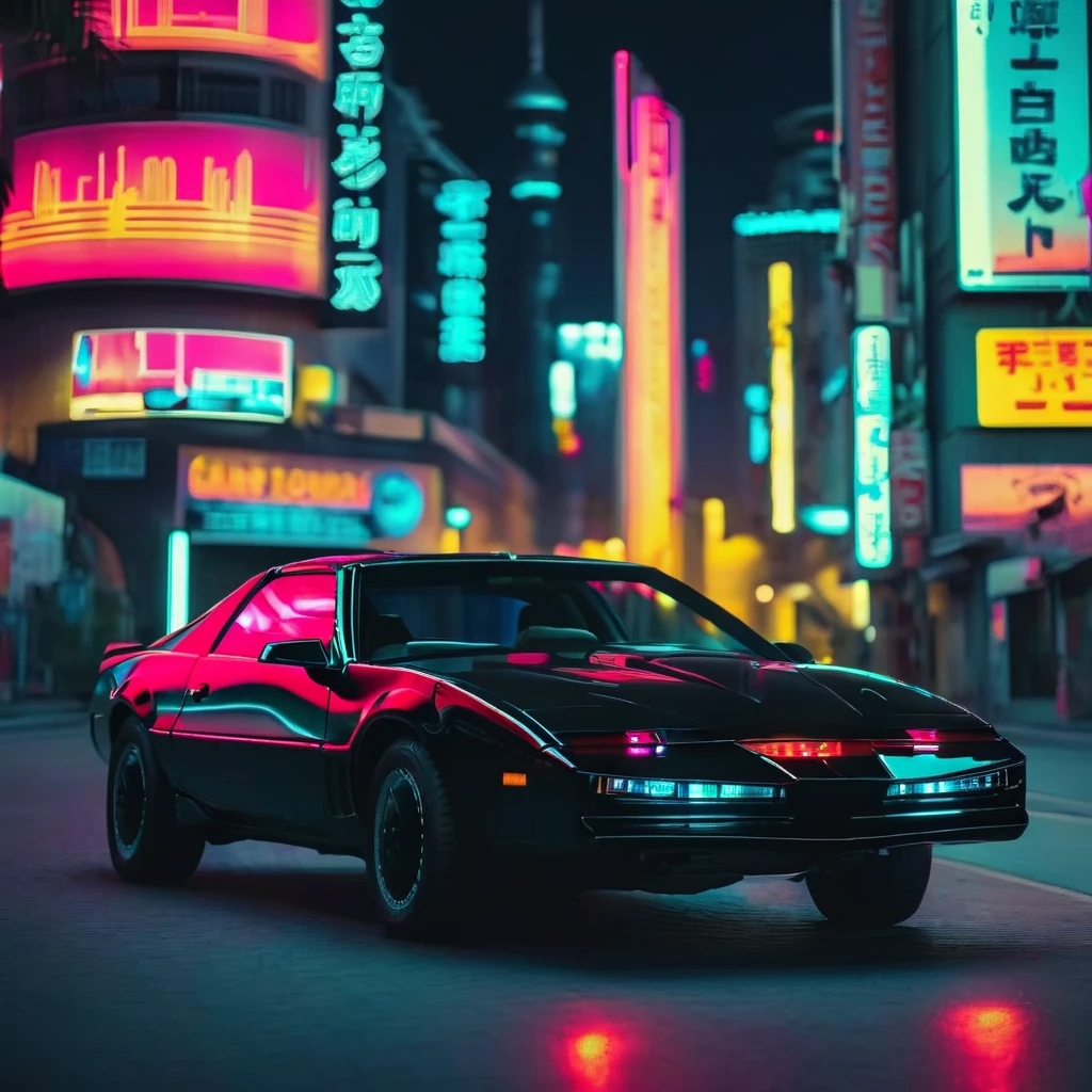 kitt1984 black car  with a cyberpunk city in the background, cinematic, epic, neon glow  <lora:kitt1984XL:1>