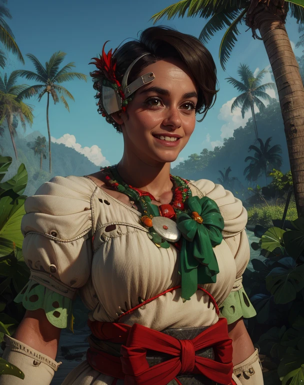 Alva,brown eyes,short hair,black eyes,light smile,
jewelry,short puffy sleeves,white and green dress,cyberpunk headpiece,red sash,
upper body,standing,
tropical forest,beach,science fiction,
(insanely detailed, beautiful detailed face, masterpiece, best quality),<lora:Alva:0.8>,
