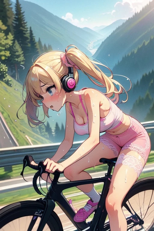 (((masterpiece))), (((best quality))), (((from side))), (((riding a uphill road bike))), ((hands on handlebar))), (((steep slope))), headphones, ((pink lace cycling shorts)), strong wind, 1girl, ribbon, ((blonde twintails)), collarbone, cleavage, ((big tits)), ((sweat)), ((wet body)), shy. blush, thighs, knee, calves, ((slender figure)), <lora:girllikeuphill:1>