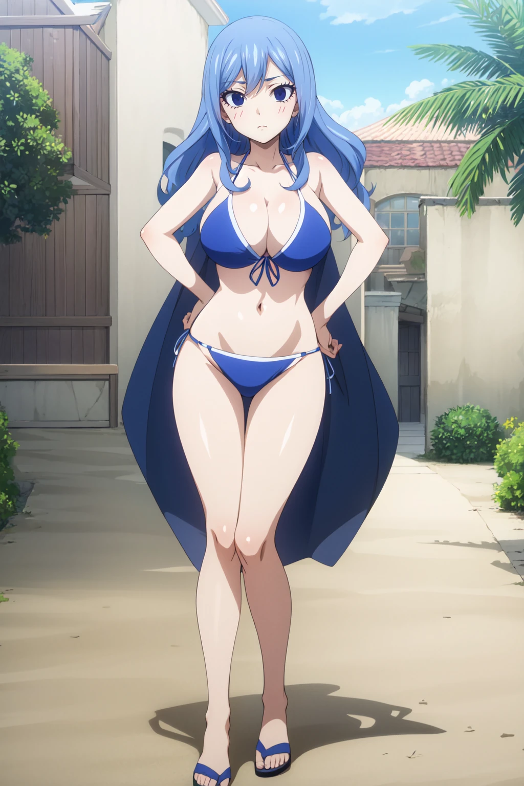 <lora:anime_screencap_v2:0.3> tall body, tall, long legs, mature female, mature, adult, <lora:GoodHands-beta2:1.4>,
<lora:eft_fairytail_blue-02:1> , EFT_Juvia, 1girl, swimsuit, bikini, solo, blue eyes, blue hair, long hair, breasts, large breasts, blush, cleavage, looking at viewer