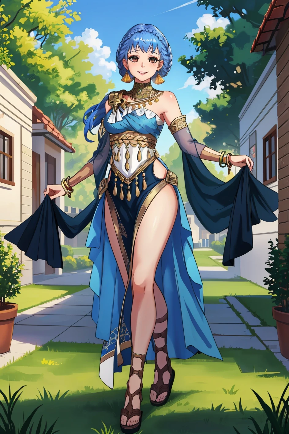 Zara, a gigantic 62-meter Amazon queen, emerges from the dense jungle at dawn, her tanned skin glowing in the light of the rising sun. Her long, braided hair, adorned with exotic flowers, falls over her shoulders and back. Standing in a clearing surrounded by trees, her posture is majestic and seductive, one leg up on a rock, one hand on her hip, the other holding an ornate spear. His eyes, full of determination and desire, gaze at the tiny humans at his feet, fascinated by his imposing figure. Her lips curl into a confident smile, and her muscular, perfectly sculpted body radiates an aura of eroticism and primal power, enveloping all present in a spell of submission and utter admiration.