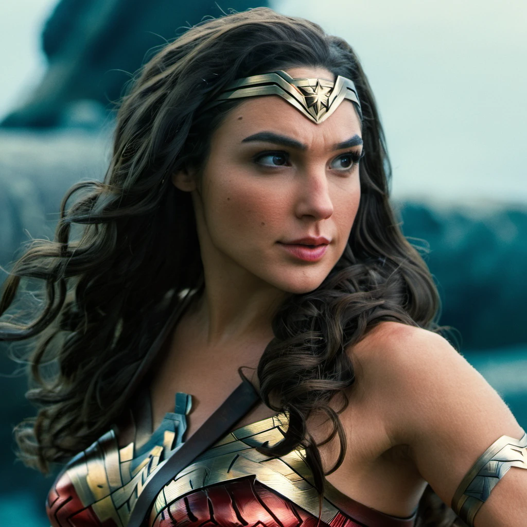 High res closeup portrait photo of an actress dressed as Wonder Woman, f /2.8, Canon, 85mm,cinematic, high quality, skin texture, looking at the camera, <lora:galgadot_xl_1_standard-000079:1>