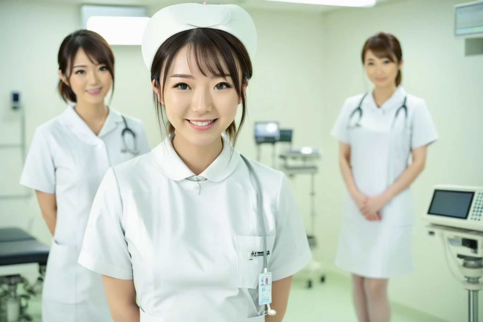 Inside a modern operating room, a young Japanese nurse wears white nurse uniform with nurse cap, with a gentle smile on the face. Full body. DSLR, focused, blurred background,
<lora:nurse_uniform_xl_v1-000003:1>