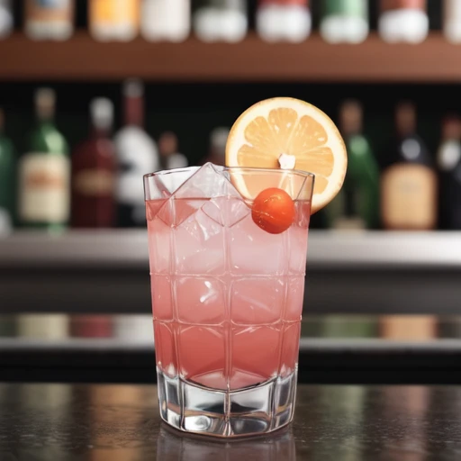 <lora:pink_grapefruit_ juice_with_ice_cube_v1:0.5>, ice cube, cocktail, glass, no_humans, realistic, blurry background