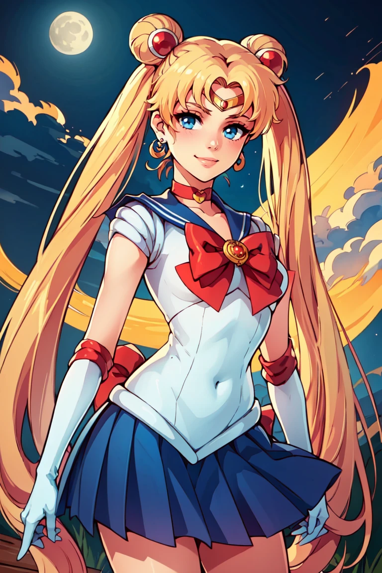 ((masterpiece,best quality)), 1girl, aausagi, double bun, twintails, parted bangs, circlet, jewelry, earrings, choker, red bow, white gloves, elbow gloves, blue skirt, <lora:sailor_moon_v1:0.7>, standing, cowboy shot, night, outdoors, moon, smile