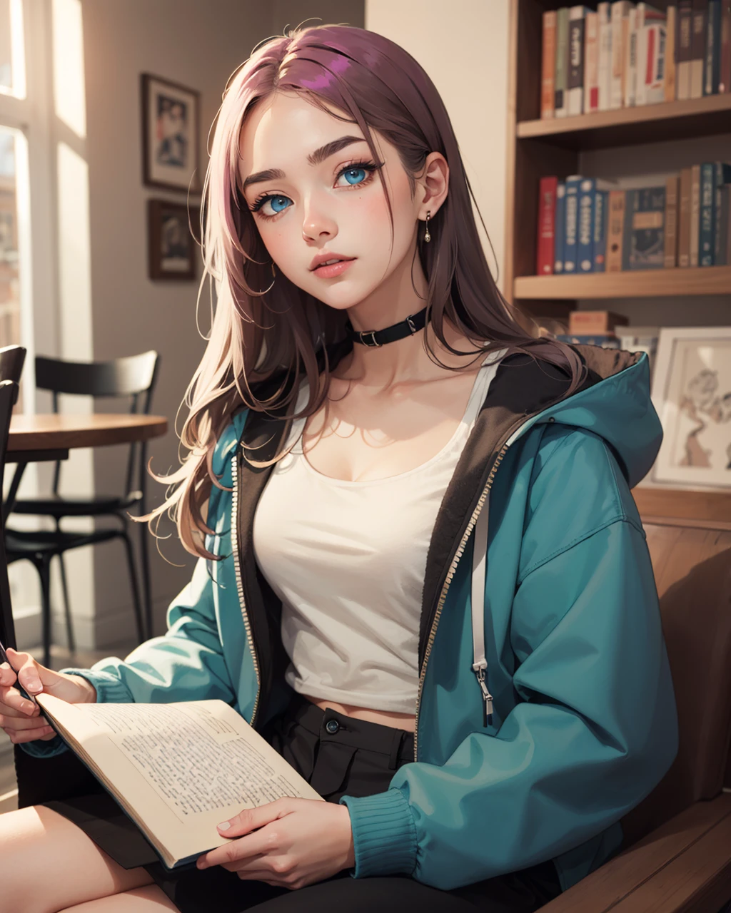 best quality,masterpiece,highly detailed,ultra-detailed, <lora:neg4all_bdsqlsz_V3.5:-1>,1girl, <lora:cartoonisationer-V4-8:1.75>, 1girl, round neck Tank Top Khakis , Similar to chinos but often in a deeper khaki color. (Fleece Jacket:1.3), Fleece fabric, Various, often earth tones, flat chest ,, narrow waist, Shaved Sides with Neon Streaks - Magenta , fantastic details full face, dot nose,detailed Doll-like eyes, turquoise iris, straight eyebrows, pastel blue beautiful Detailed Eyes, lips at Bookstore - cozy and intellectual, with book-lined walls and comfortable seating.