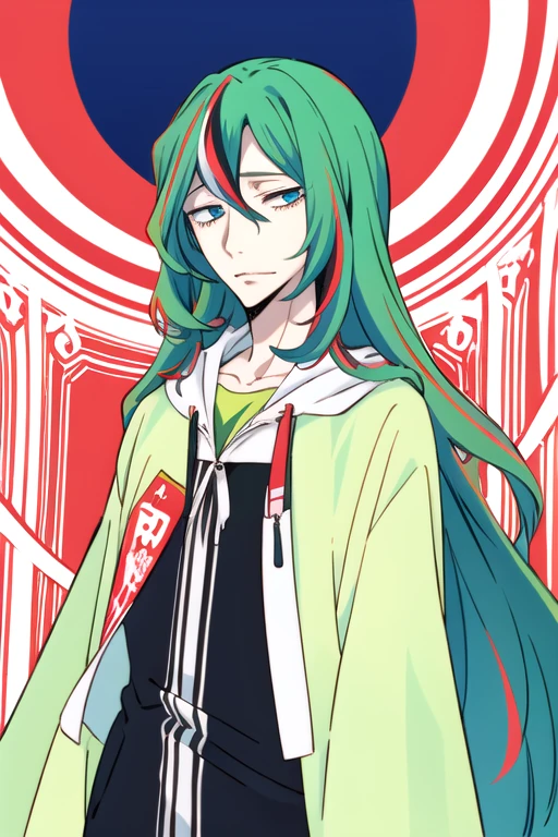 (best quality:1.1), (masterpiece:1.4), illustration, , , , anime coloring, (anime:1.4), 1boy, solo, male focus, <lora:yuusuke_makishima:0.76>, yuusuke_makishima, green hair, blue eyes, long hair, streaked hair, red hair, , , soft science fiction,