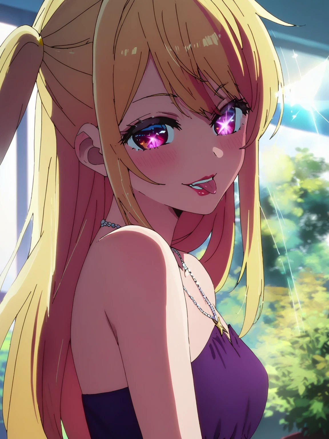 1girl, hoshinoruby, star-shaped pupils, long hair, one side up, blonde hair, small breasts, BREAK
idol, purple dress, violet dress, frills, bare shoulders, necklace, sparkling aura, sparkle, black legwear, BREAK
standing, sexually suggestive, naughty face, parted lips, lipstick, tongue out, (fangs:0.8), BREAK
<lora:hoshinoruby_ponyxl:1>, backlighting, score_9, score_8_up, score_7_up, score_6_up, anime, <lora:fiz-rot_pony_v3:0.4>, fizrotart, glowing eyes,
(high quality, detailed, beautiful), shiny, detailed beautiful eyes, outstanding, countershading, detailed soft lighting