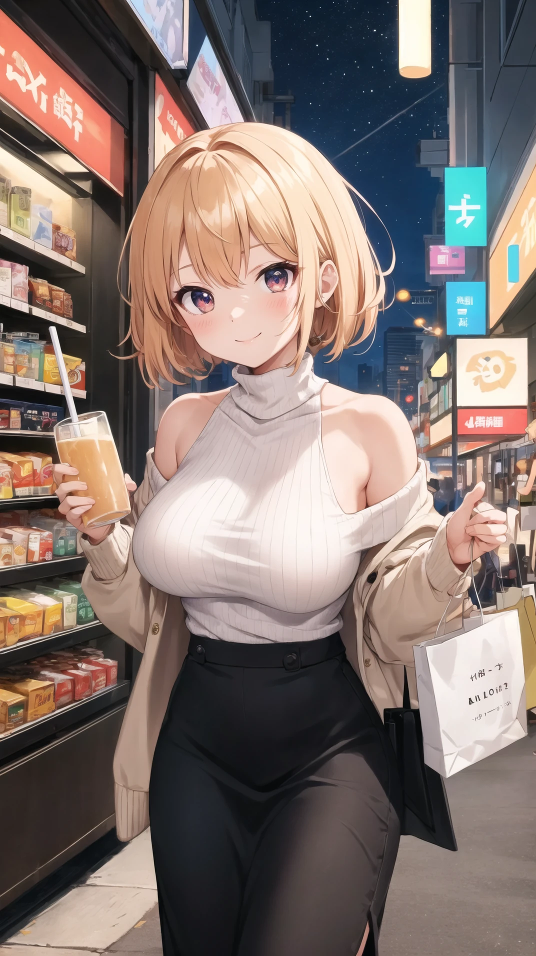 masterpiece, best quality, highres, BREAK,
, (chibi:1.1), large boob, , cyberpunk shopping center nighttime, , transitional, , , , drinking, , young adult,looking at viewer, , chibi, caramel, gold, sanpaku, , elegant smile, ,
BREAK
,off-shoulder sweater long skirt