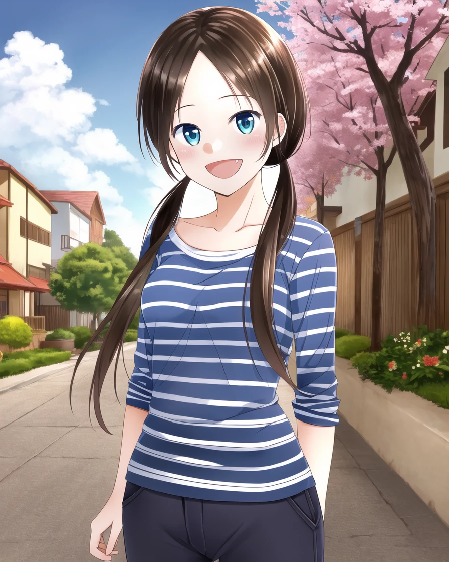 (masterpiece, high resolution, clear outlines, ultra-detailed, illustration), 1girl, solo, mendoutsuyu, look at viewer, low twintail, smile, open mouth, collarbone, cowboy shot, shirt, horizontal stripes, pinstripe pattern, striped, striped shirt, vertical-striped shirt, vertical stripes, pants, beautiful detailed background, outdoor, blue sky, town, cloudy sky, day, trees, flowers <lora:mendoutsuyu:0.75>