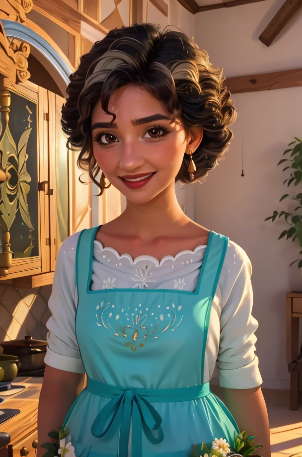 julieta,black hair,streaked hair,short hair,curly hair,brown eyes,
white shirt,apron,earrings,
standing,upper body,smile,
village,fantasy,Alchemy,indoors,
(insanely detailed, masterpiece, best quality),solo,<lora:julietamadrigal-10ECHv8:0.8>,