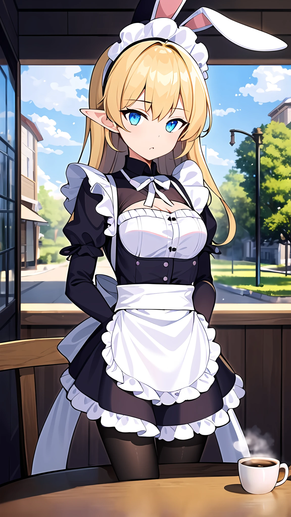 (((masterpiece))),(extremely detailed 8k wallpaper),(((best quality))),((best illumination, best shadow)),(best illustration),<lora:mdy_v2-000022:0.5>,solo,((upper_body)),(1girl:1.5),blue eyes,blonde hair,(bangs:0.6),long hair,(pointy_ears:0.8),ai is sb,ai is sb,(rabbit ears),((maid)),elbow_gloves,[[:â,:0.5]::0.8],ai is sb,ai is sb,(white_pantyhose),standing,ai is sb,coffee house,table,sliding_doors,window_,street,sky,