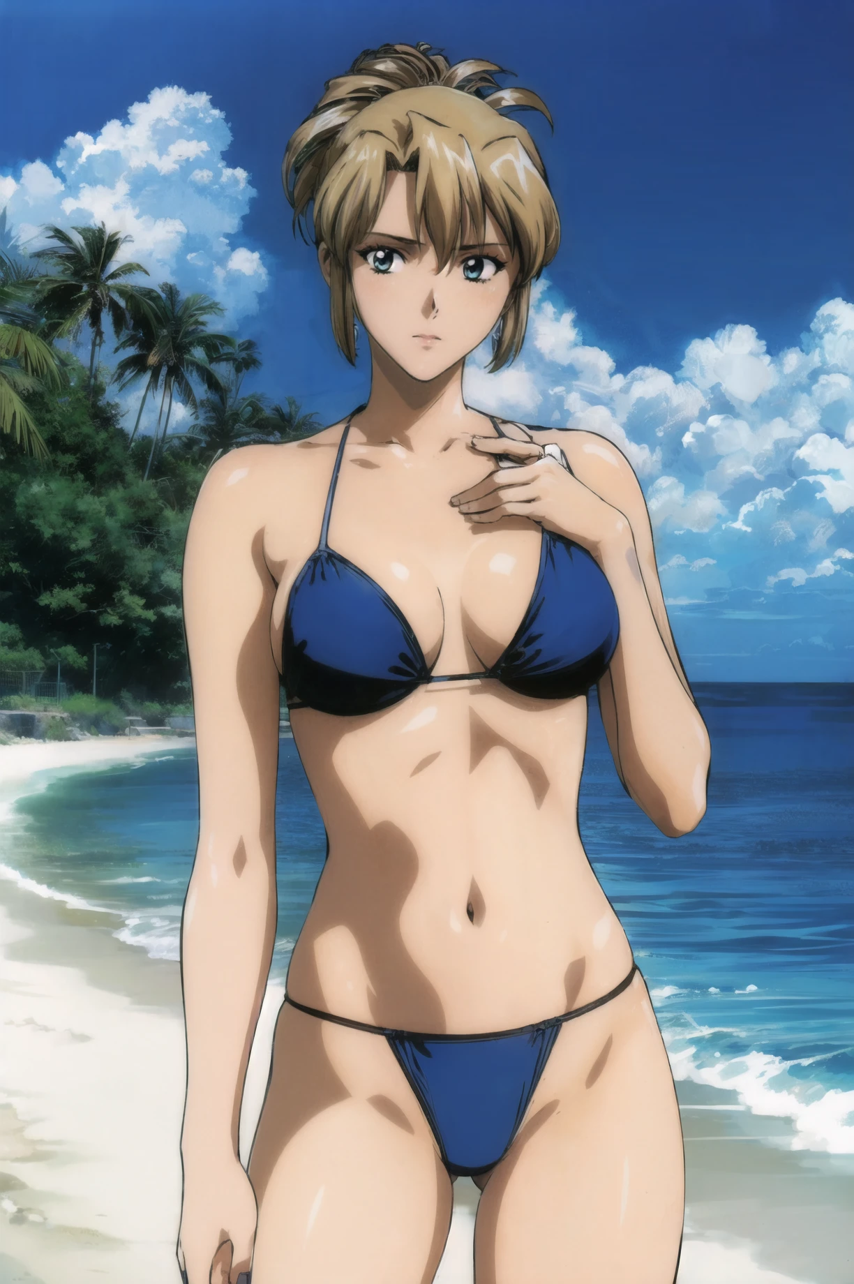 2d anime, woman, Sasha Braus from Attack on Titan, brunette, ponytail, brown jacket, blue bikini, by the beach, sexy, fair skin, masterpiece, best quality