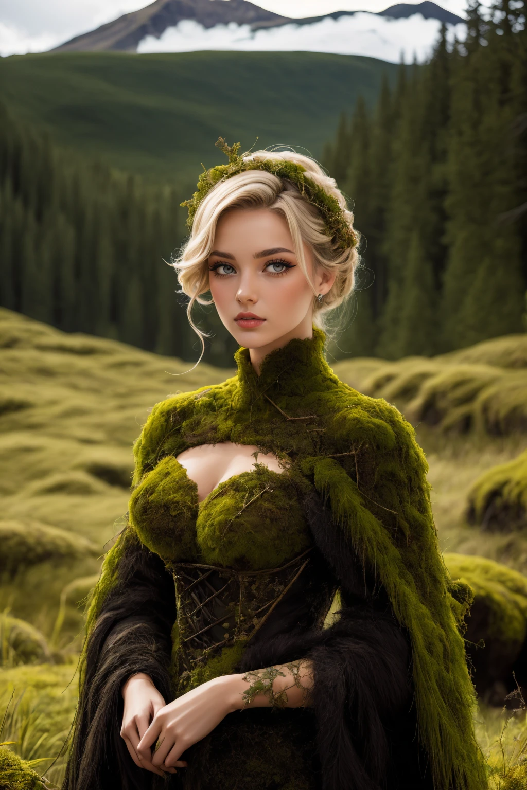 blonde hair, portrait photo, woman wearing m0ss_dr3ss ,elaborate long dress made of moss, twigs, <lora:m0ss_dr3ss-06:0.75>, mountains