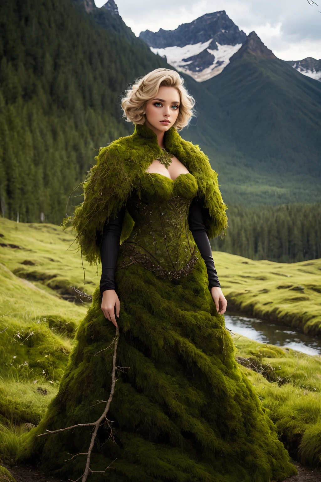 blonde hair, portrait photo, woman wearing m0ss_dr3ss ,elaborate long dress made of moss, twigs, <lora:m0ss_dr3ss-06:0.75>, mountains