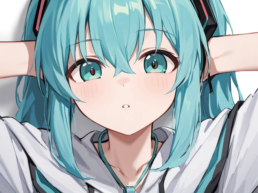 <lora:xl_josh_hutcherson_whistle_edit_(meme)-000020:1>,josh_hutcherson_whistle_edit poes,looking at viewer,hand,arms up,close-up,hatsune miku,, masterpiece, best quality,