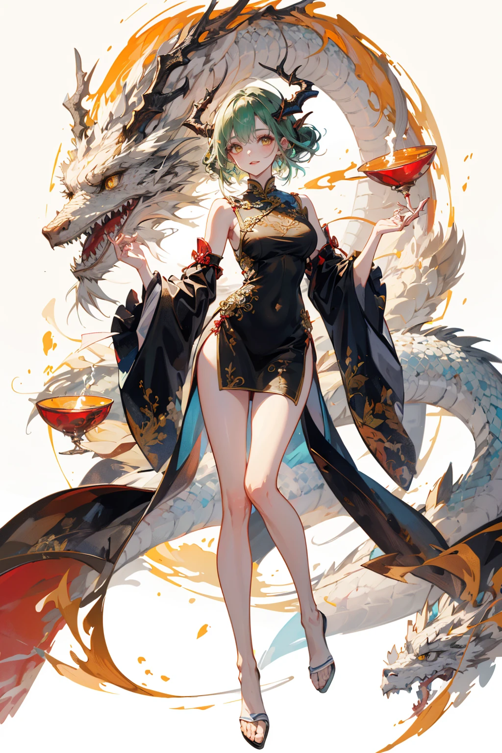thick outlines, comics, photorealistic, 1girl, solo, (holding ofuda:1.1), dynamic pose, <lora:tao_jun_v1:0.7>, tao jun, green eyes, china dress, chinese clothes, black dress, green hair, side slit, folded ponytail, animal print, chinese temple, detailed background, detailed face, detailed eyes, <lora:add_detail:0.7>