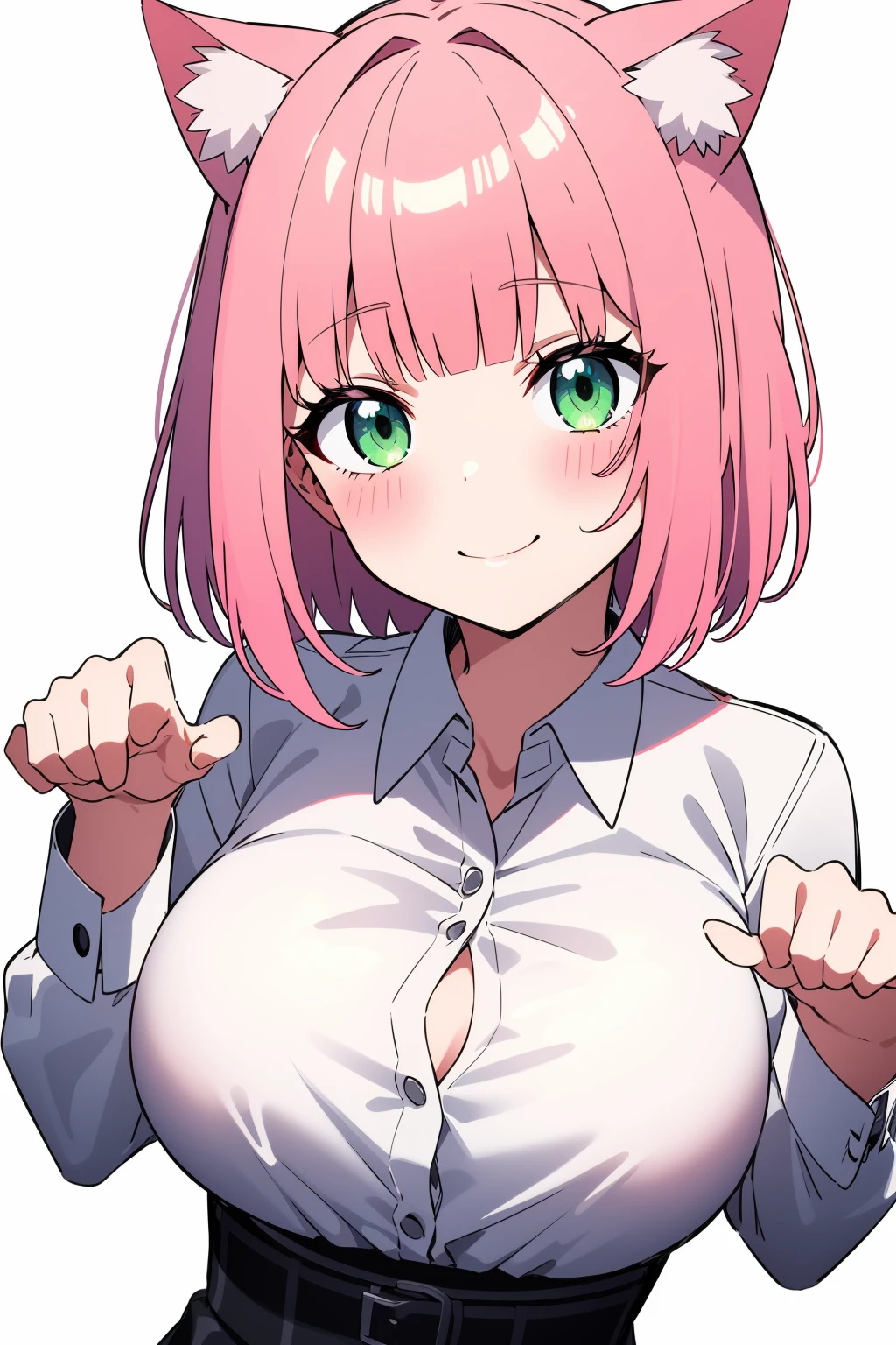 hight resolution, Nakano Nino,1girl in,Pink hair,Short hair,butterfly hair ornament,Green skirt,Black cardigan,white shirt,Collared shirt,Open your clothes,Voluptuous thighs, extra limb,extra digit,fewer digit, Breast Focus, Cowboy Shot, Looking at Viewer,(large breasts①),(((large breasts②))), squatting, open legs, wet