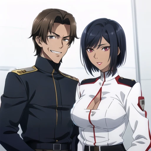 <lora:1704765605381450441:0.5>, brown hair, anime brown eyes, detailed face, detailed hair, evil grin, white military uniform