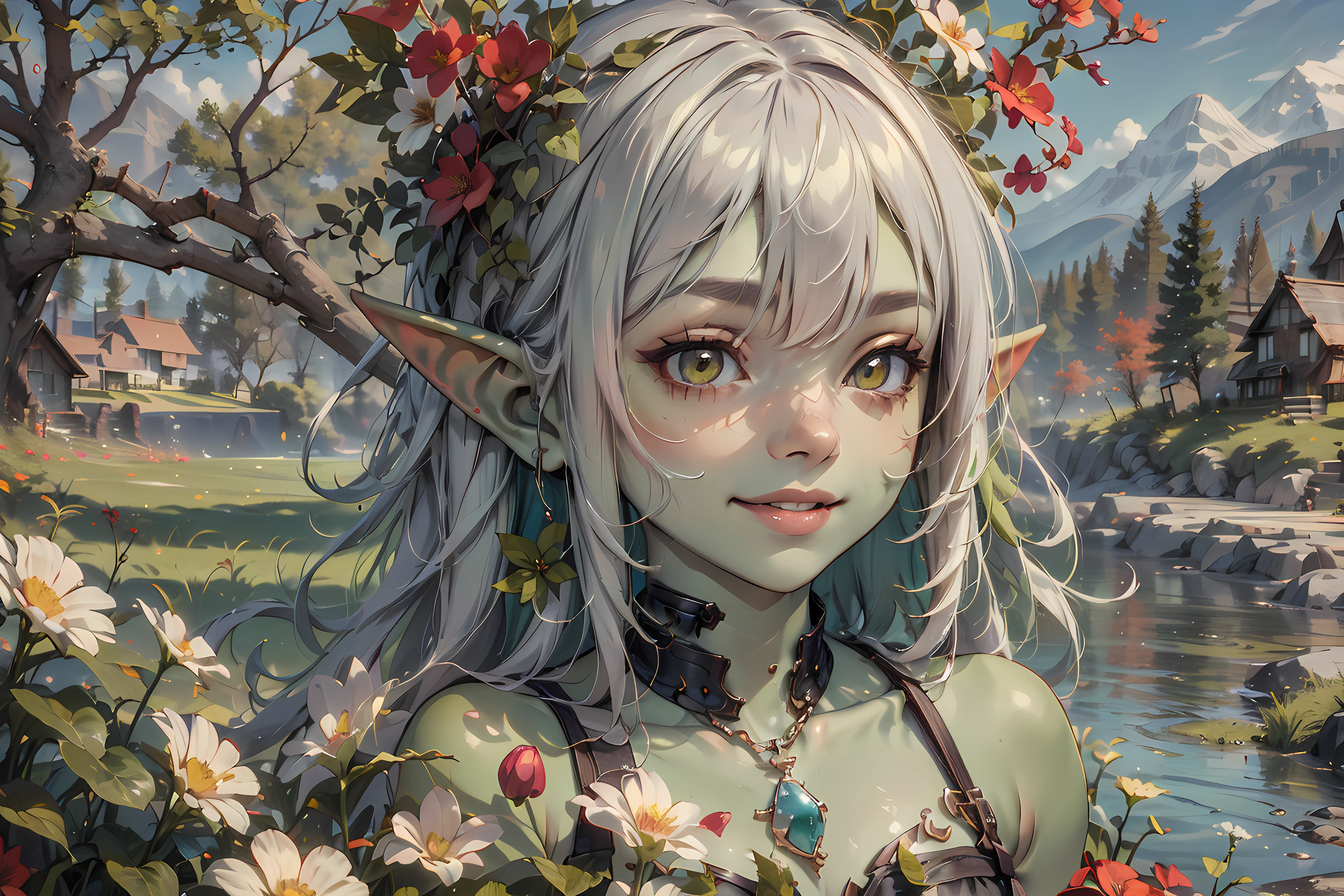 ((best quality)), ((masterpiece)), (detailed) ,

fgoblindef, onlygoblin, green skin, colored skin, flower field ,
 wallpaper,beach, upper body,smile,mountain background,  river, 