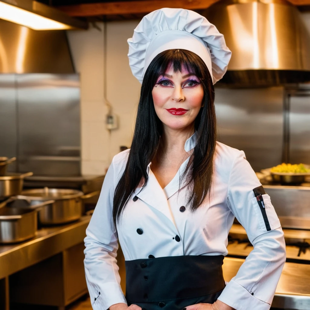 cinematic full body portrait 3lv1r4 woman dressed as a chef in a restaurant kitchen ,(happy) ,bokeh,deep of field, <lora:3lv1r4SDXLv2-000040:1>