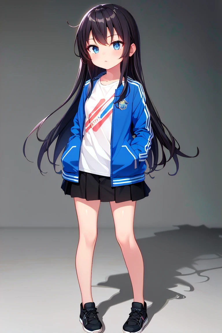 (best quality, masterpiece, hires), <lora:Marco_-_Marco_and_the_Galaxy_Dragon:0.8>, Marco, 1girl, blue jacket, black hair, long hair, full body, skirt, white t-shirt, dot eyes, <lora:hyperrefiner_v090:0.8>