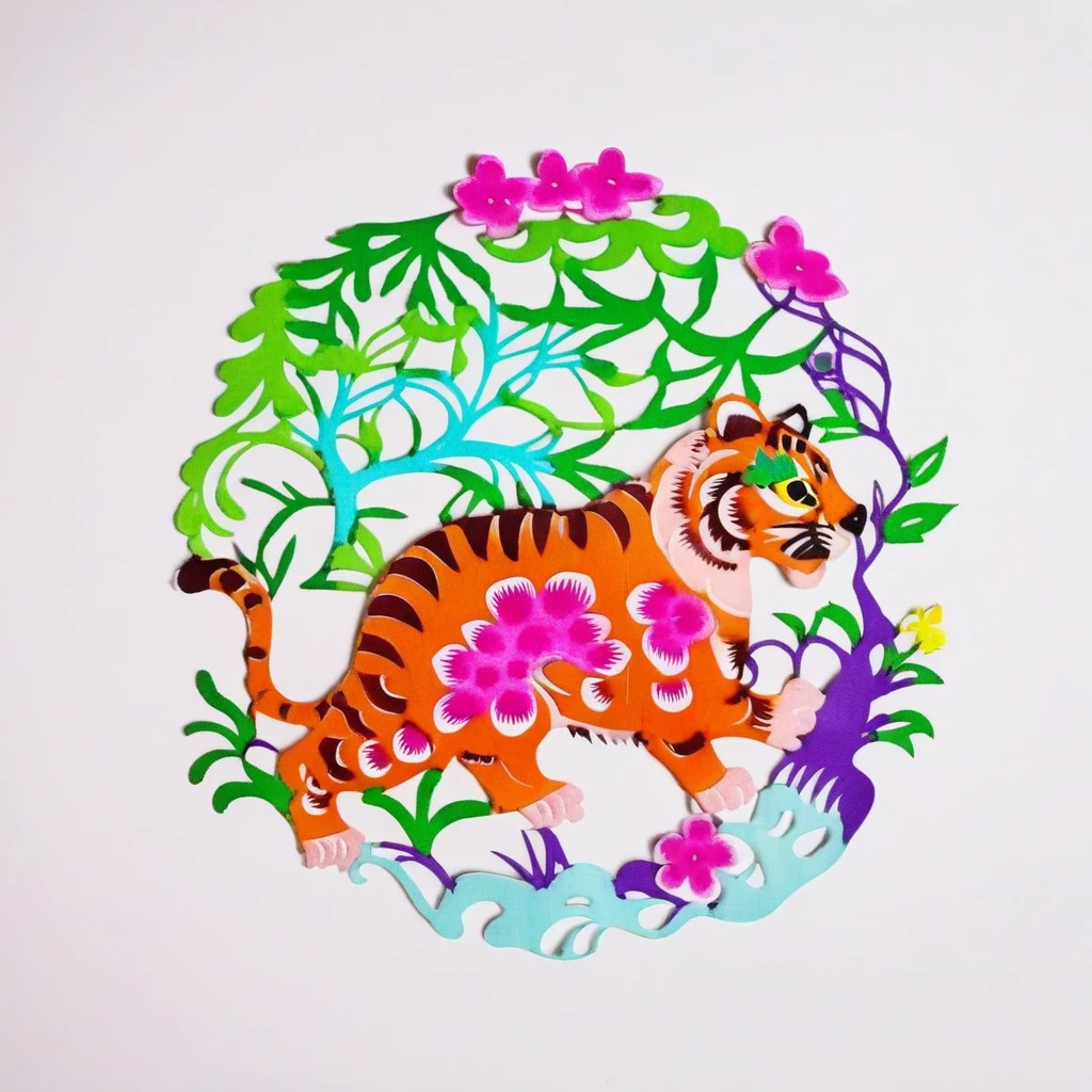an image of tiger,trees,solid white background,colorful SP_CN_PPC,paper cutting <lora:0204_paper_cutting-checkpoint-5000:1.0>