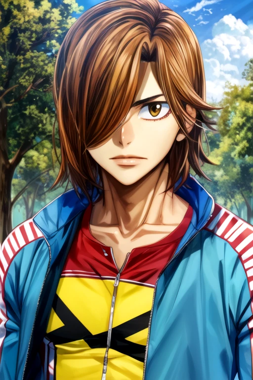 (best quality:1.1), (masterpiece:1.4), photorealistic, looking at viewer, , depth of field, ligne claire, , 1boy, solo, male focus, <lora:hajime_aoyagi:1>, hajime_aoyagi, light brown hair, brown eyes, hair over one eye, , superhero fiction,