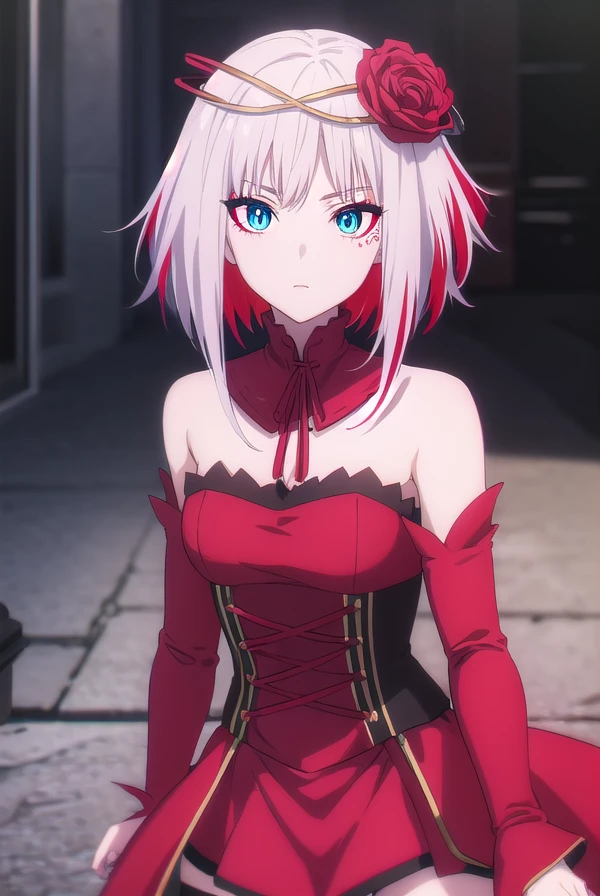 taktopdestiny, <lora:taktop destiny s1-henshin-lora-nochekaiser:1>,
destiny, short hair, hair ornament, flower, white hair, red hair, multicolored hair, hair flower, rose, colored skin, facial mark, red flower, red rose, thorns,
BREAK thighhighs, dress, bare shoulders, detached sleeves, black thighhighs, zettai ryouiki, strapless, detached collar, red dress, corset, red sleeves,
BREAK outdoors,
BREAK looking at viewer, (cowboy shot:1.5),
BREAK <lyco:GoodHands-beta2:1>, (masterpiece:1.2), best quality, high resolution, unity 8k wallpaper, (illustration:0.8), (beautiful detailed eyes:1.6), extremely detailed face, perfect lighting, extremely detailed CG, (perfect hands, perfect anatomy),