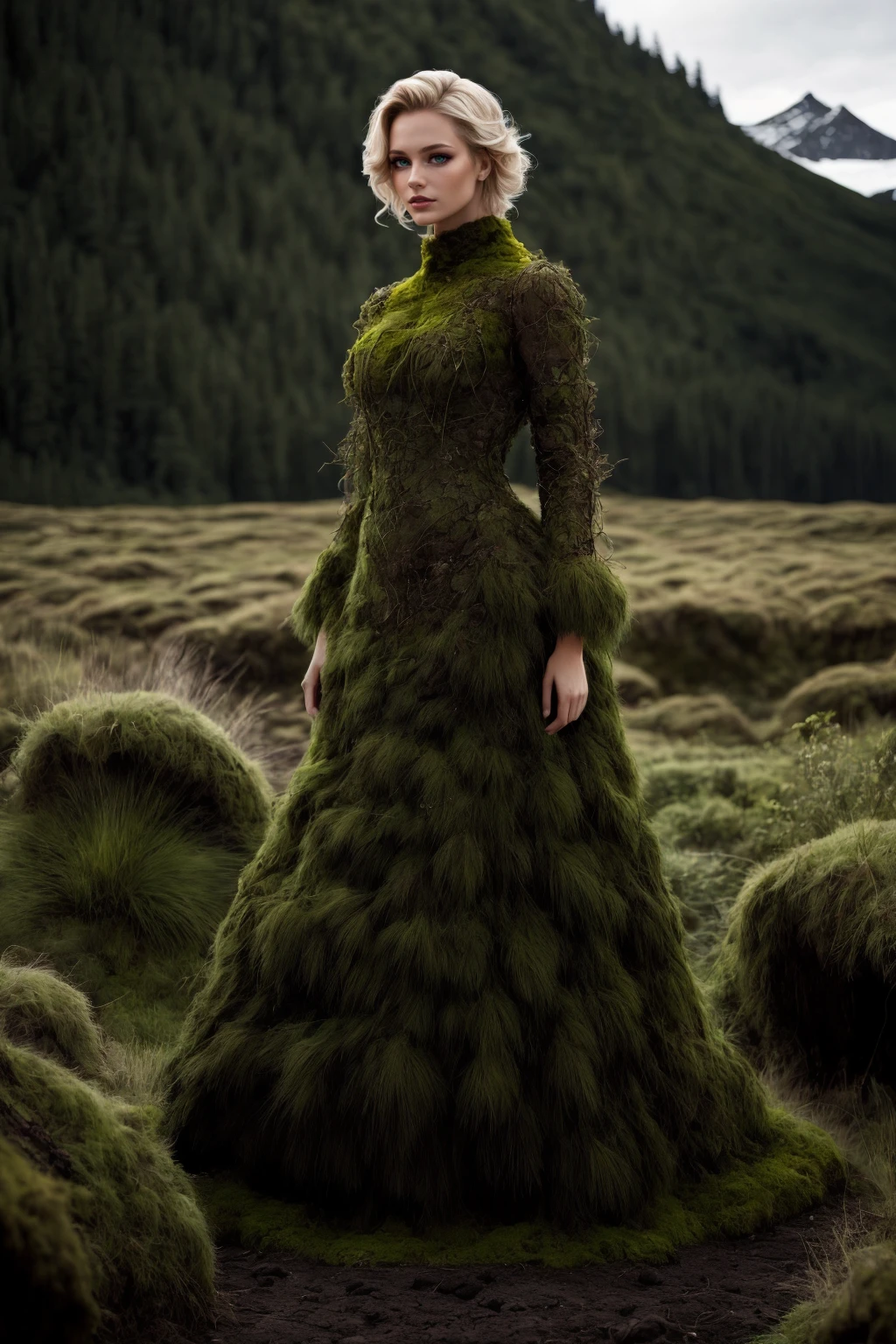 blonde hair, portrait photo, woman wearing m0ss_dr3ss ,elaborate long dress made of moss, twigs, <lora:m0ss_dr3ss-06:0.75>, mountains