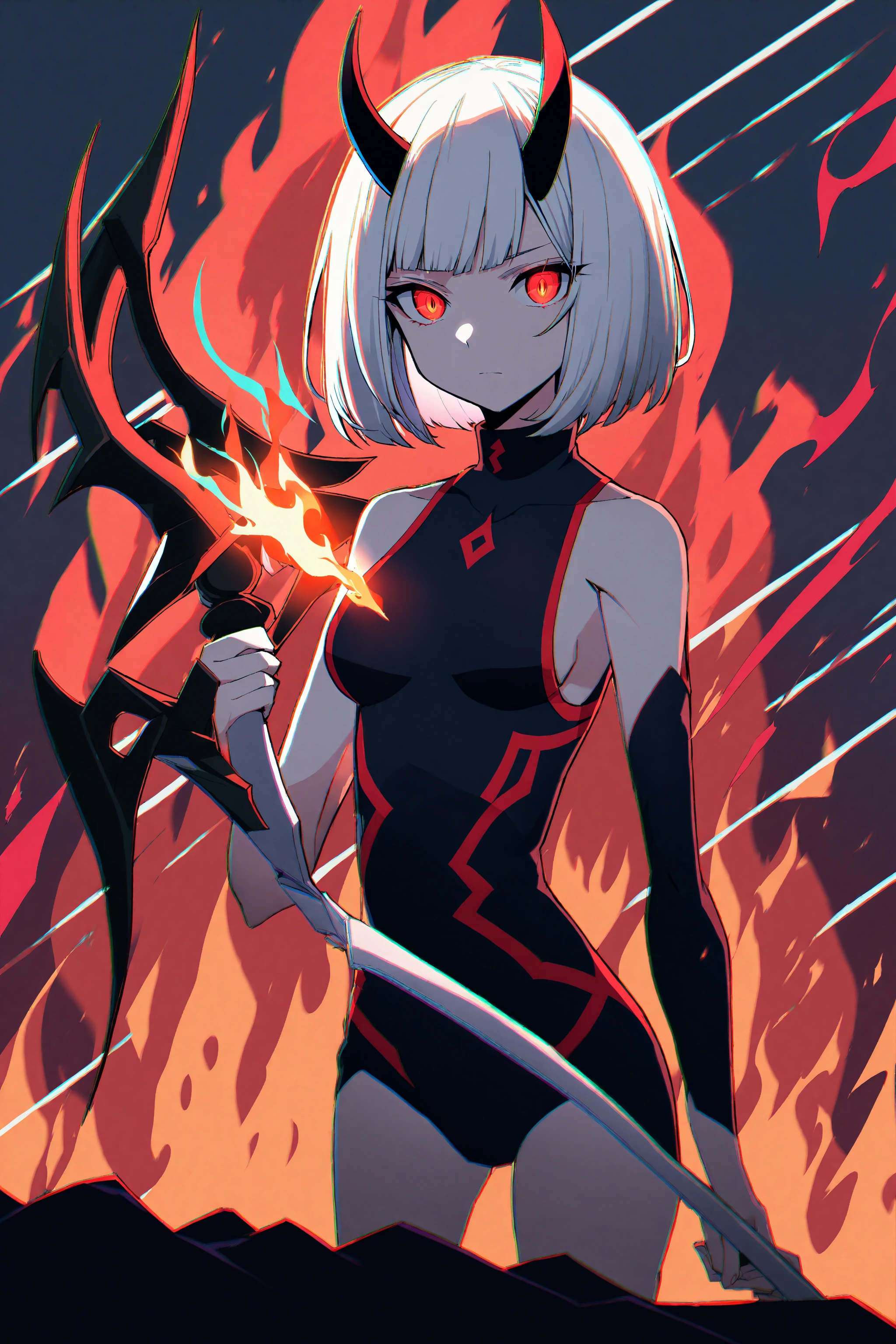2.5D style, white hair, red eyes, expressionless, bob cut, looking at viewer, standing on cliff, fire in background, medium breasts, chromatic aberration, demon horns, holding sword, holding fire, raised eyebrows, shoulder pauldron, glowing eyes